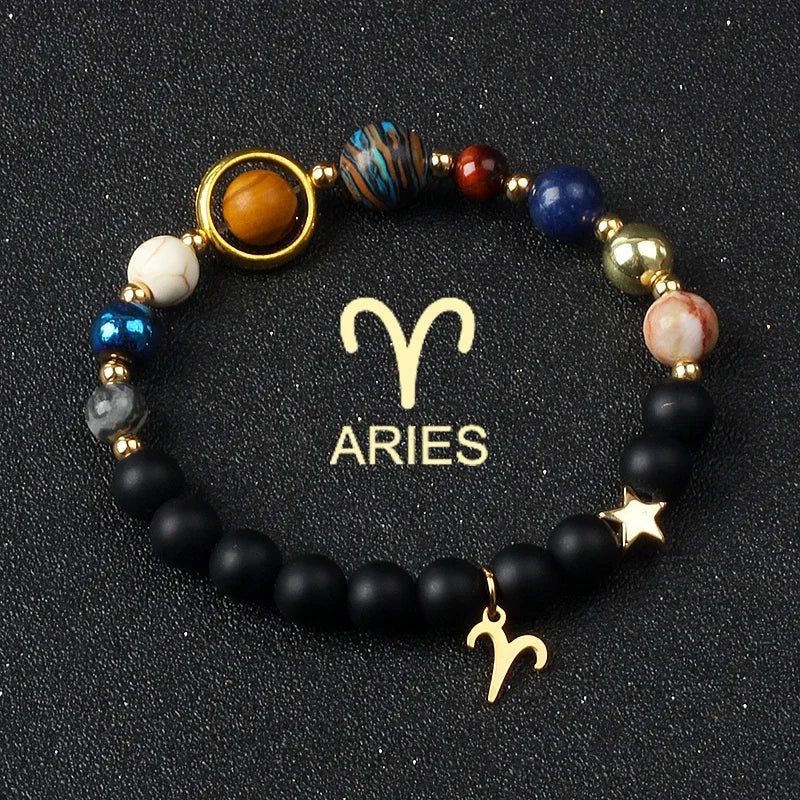Universe Galaxy Eight Planets 12 Constellation Bracelets for Men and Women Natural Stone Solar System Bracelets Jewelry