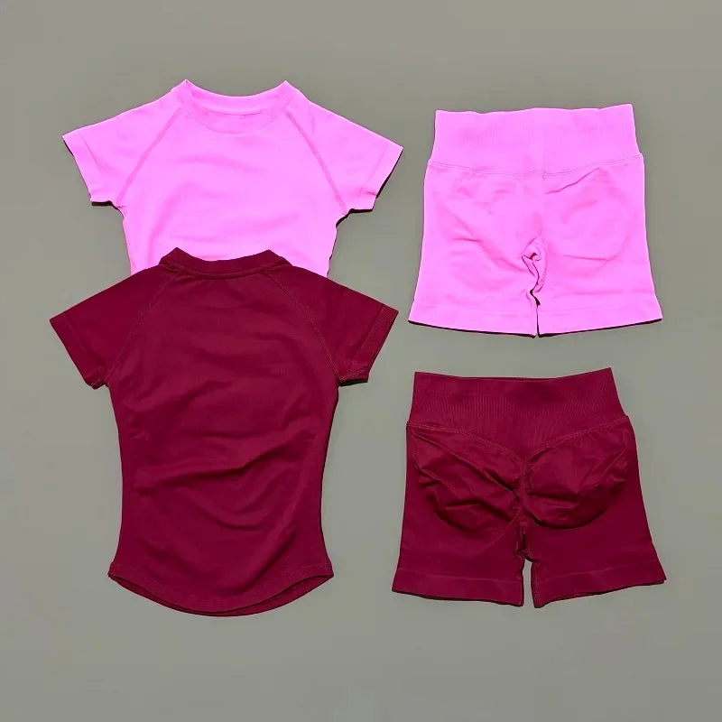 2 Pieces Sports Gym Sets Women Seamless Knitted Yoga Short Sleeve Top Fitness Set Workout Running Sports Short Leggings Suit