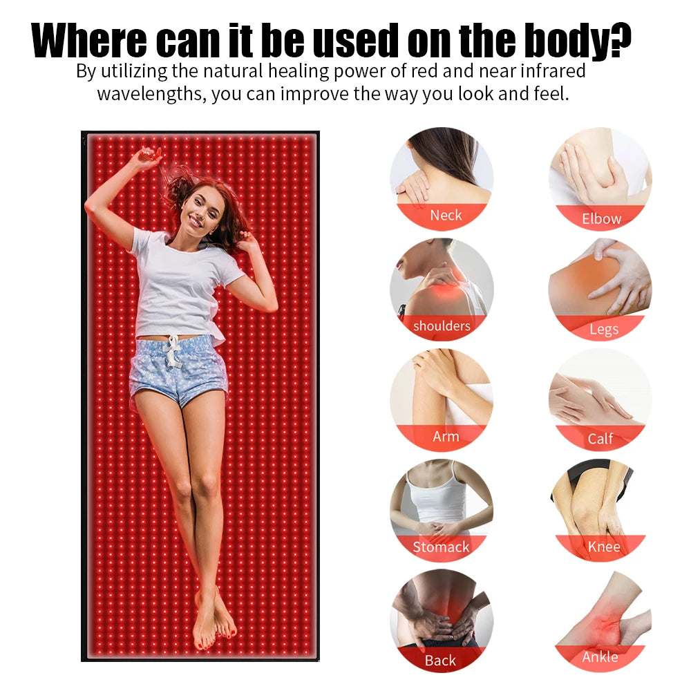 Full Body Red Light Mat / 71x31inch Large Infrared LED Blanket with 1280- 660nm- 850nm. Used for Pain Relief, Wellness and to promote Muscle Recovery