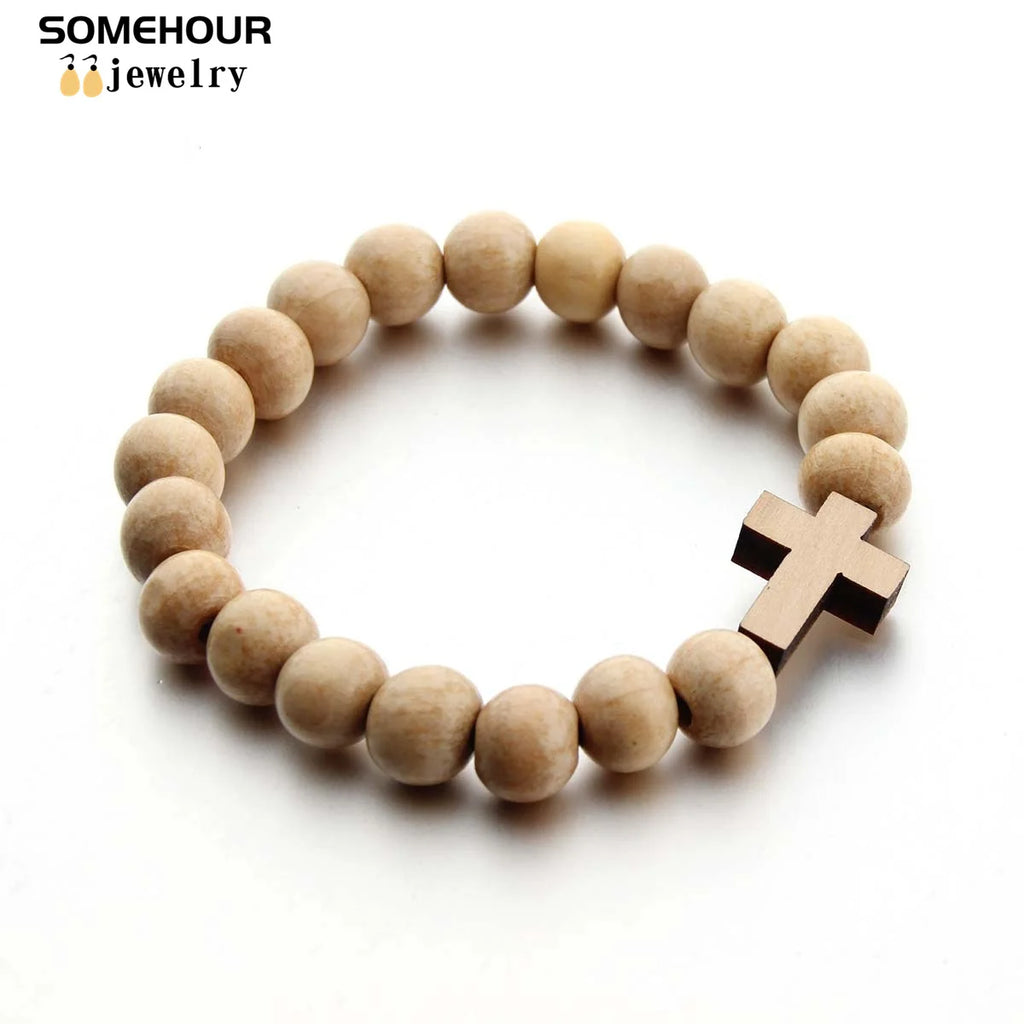 Vintage Cross Pendant Necklace and Bracelet 45cm Round Wood Beads- Rosary style