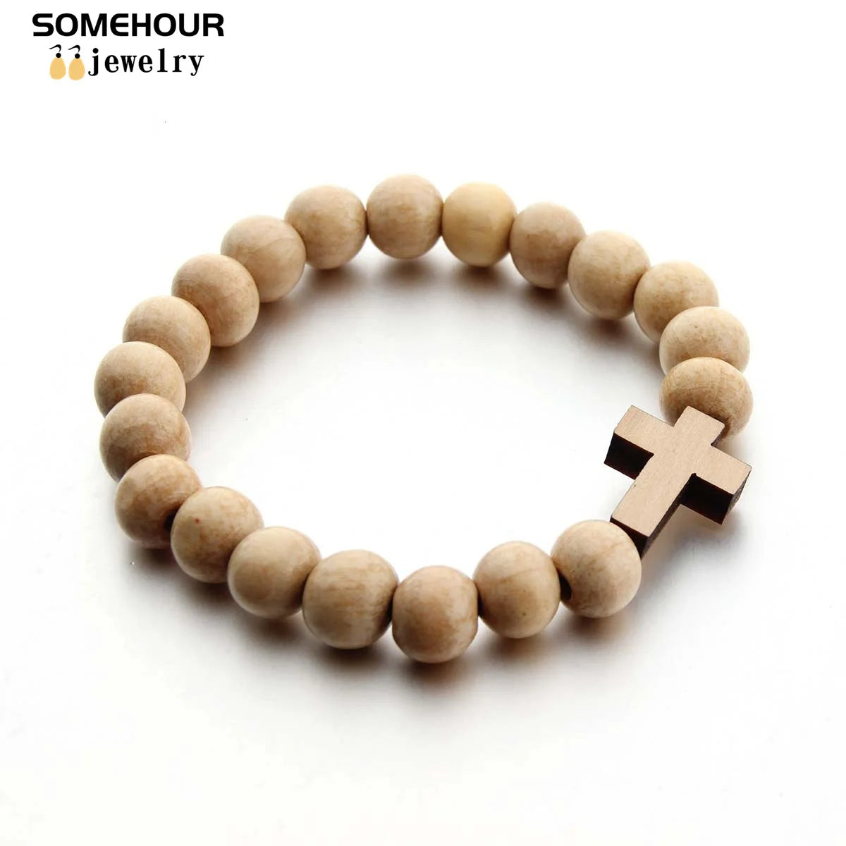 Vintage Cross Pendant Necklace and Bracelet 45cm Round Wood Beads- Rosary style