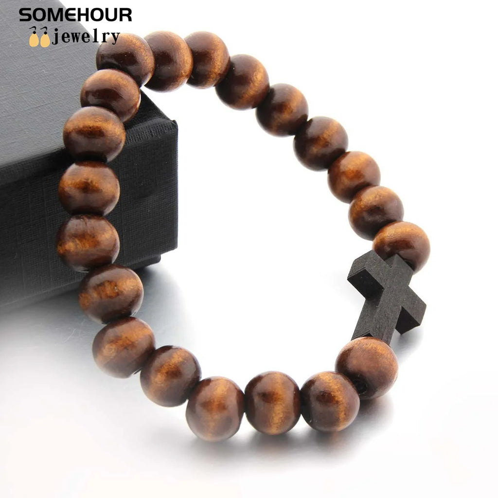 Vintage Cross Pendant Necklace and Bracelet 45cm Round Wood Beads- Rosary style
