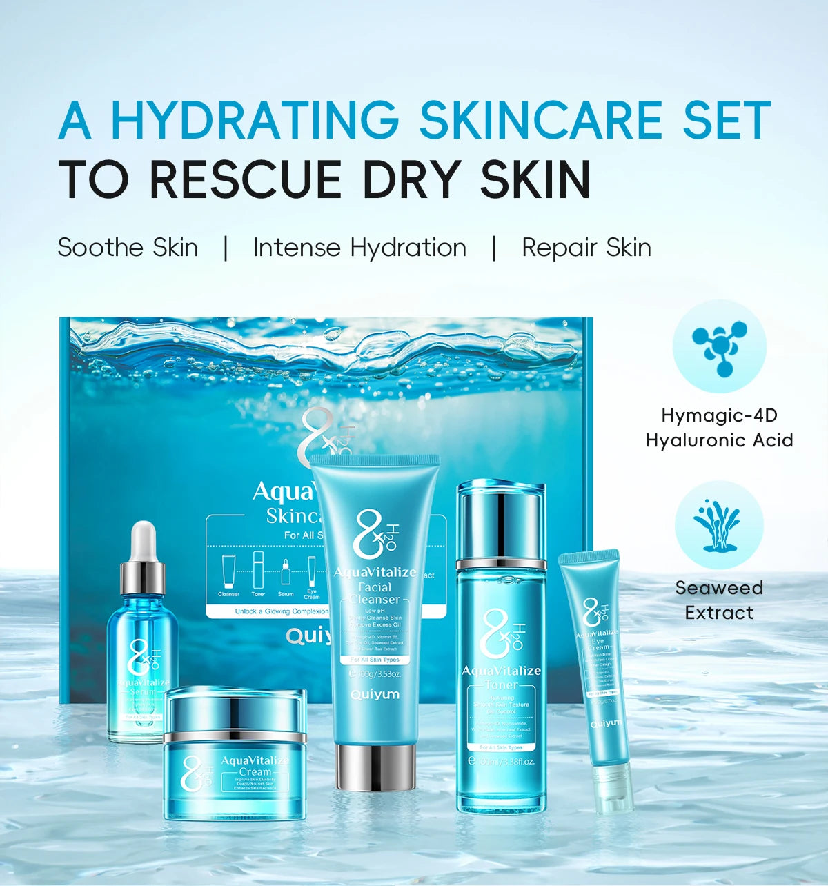 AquaVitalize Skin care 5PCS Deep Hydration Kit Wrinkle Smoothing and Tightening Treatment Set