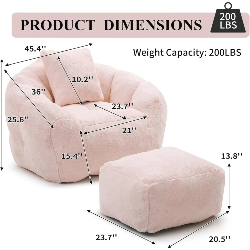 Bean Bag Chair for Adults, Faux Fur Upholstered Beanbag Chair with Shell-Shaped Design, Bean Bag Sofa with Pillow and Footrest