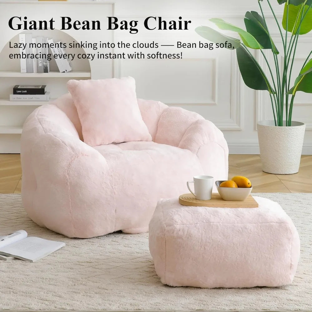 Bean Bag Chair for Adults, Faux Fur Upholstered Beanbag Chair with Shell-Shaped Design, Bean Bag Sofa with Pillow and Footrest
