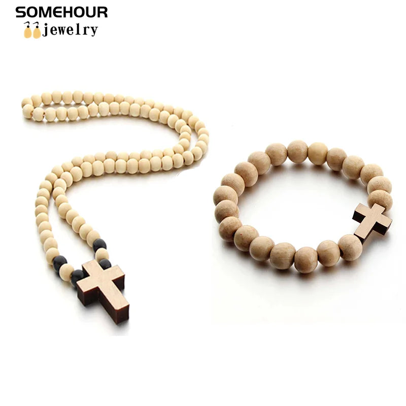 Vintage Cross Pendant Necklace and Bracelet 45cm Round Wood Beads- Rosary style