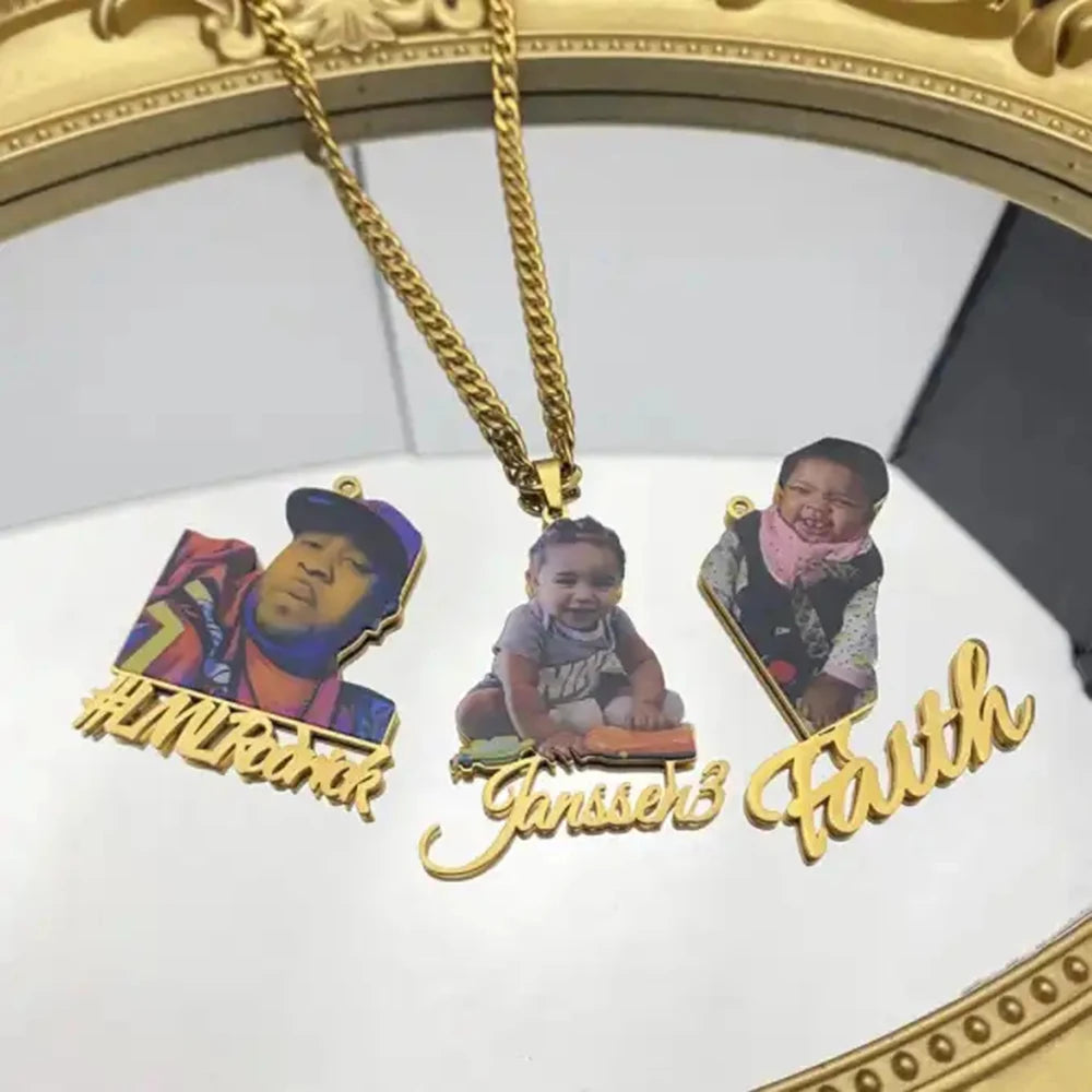 Personalized Colorful Portrait Name Pendant Necklace- Custom Name Necklace with Memory Picture- Wonderful Gift