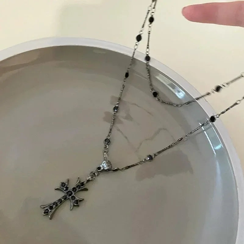 Summer Black Rhinestone Cross Jesus Pendant/Choker Necklace- Vintage Double Layer Chain