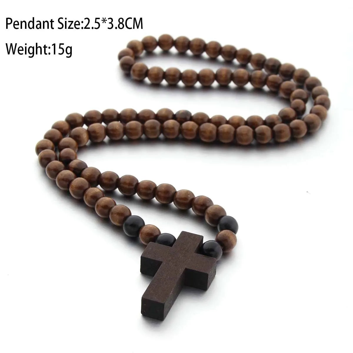Vintage Cross Pendant Necklace and Bracelet 45cm Round Wood Beads- Rosary style