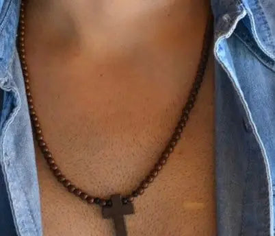 Vintage Cross Pendant Necklace and Bracelet 45cm Round Wood Beads- Rosary style