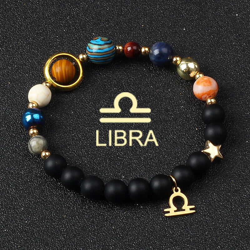 Universe Galaxy Eight Planets 12 Constellation Bracelets for Men and Women Natural Stone Solar System Bracelets Jewelry