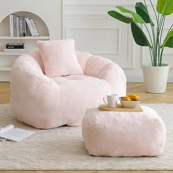 Bean Bag Chair for Adults, Faux Fur Upholstered Beanbag Chair with Shell-Shaped Design, Bean Bag Sofa with Pillow and Footrest