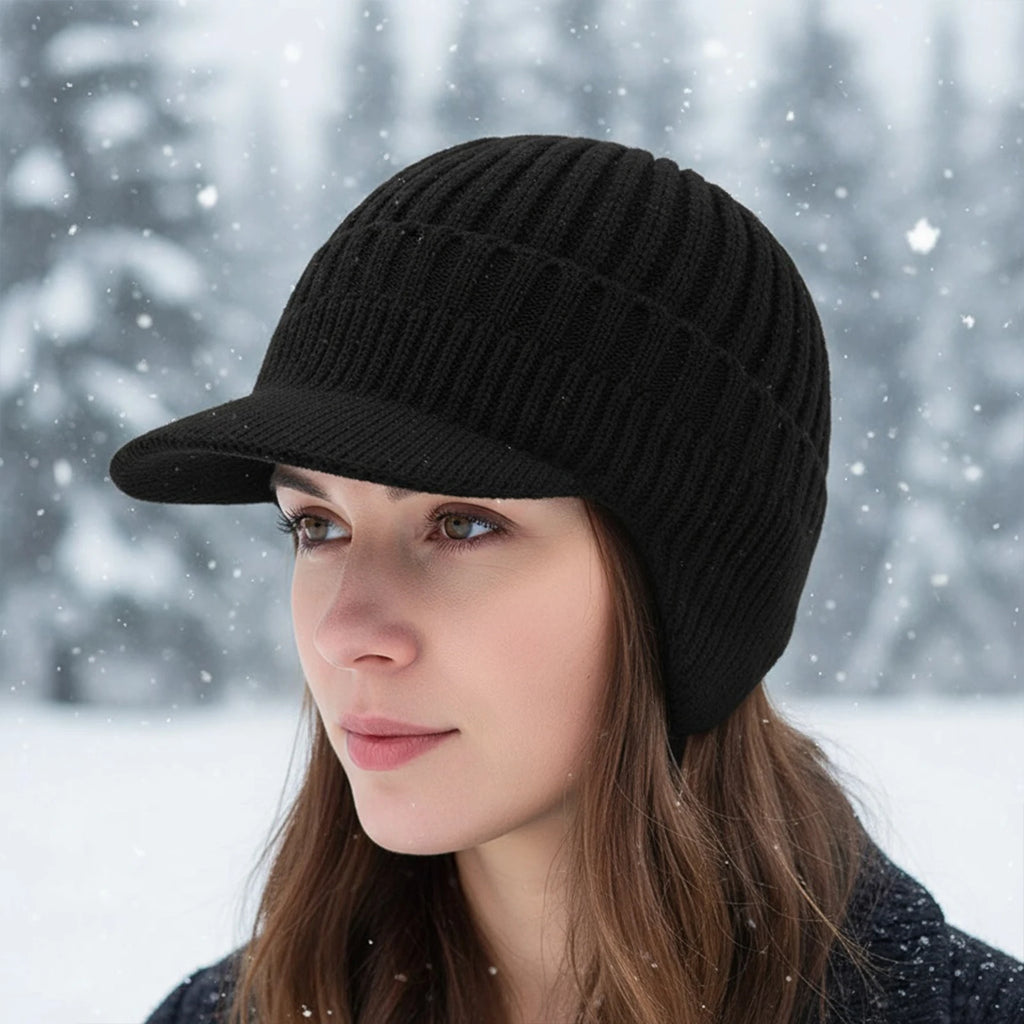 Winter Warm Fleece Lined Knit Hat for Women Men W/ Brim & Ear Flaps/ Elastic- Soft Beanie Hat for Cold Weather