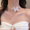 Butterfly Imitation Pearl Chain Choker Necklace/ Fairy Butterfly Layered Pearl Jewelry