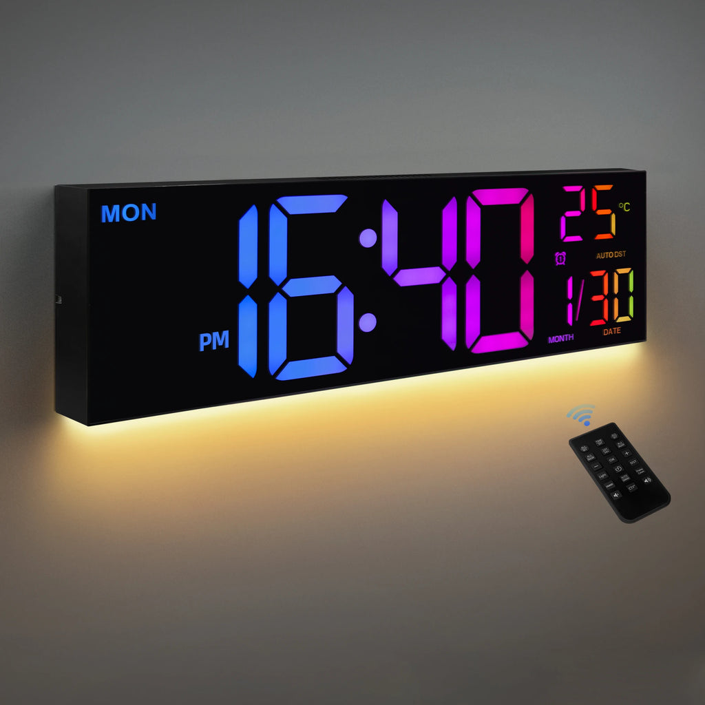 16" Large Digital Wall Clock, LED Display with Remote, Alarm, DST, and Temperature