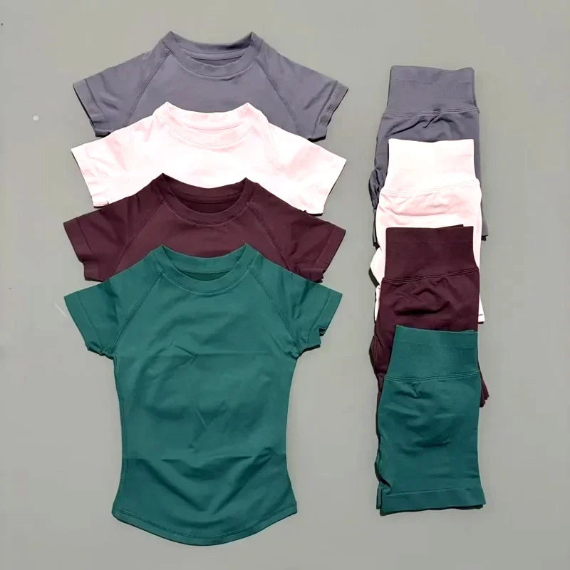 2 Pieces Sports Gym Sets Women Seamless Knitted Yoga Short Sleeve Top Fitness Set Workout Running Sports Short Leggings Suit