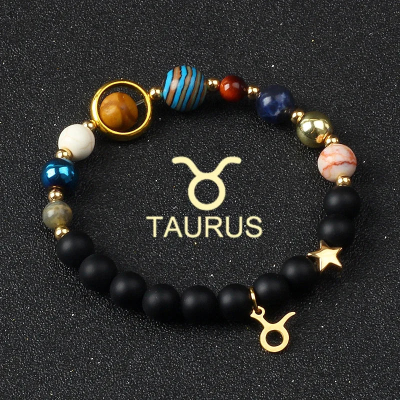 Universe Galaxy Eight Planets 12 Constellation Bracelets for Men and Women Natural Stone Solar System Bracelets Jewelry