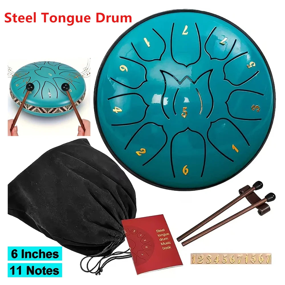 1PC Portable Steel Tongue Drum Set, 11 Notes- 6 Inch D-Key Drum Percussion Instrument for Zen Yoga Meditation