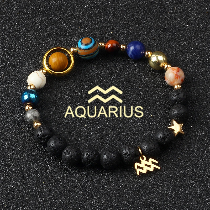Universe Galaxy Eight Planets 12 Constellation Bracelets for Men and Women Natural Stone Solar System Bracelets Jewelry