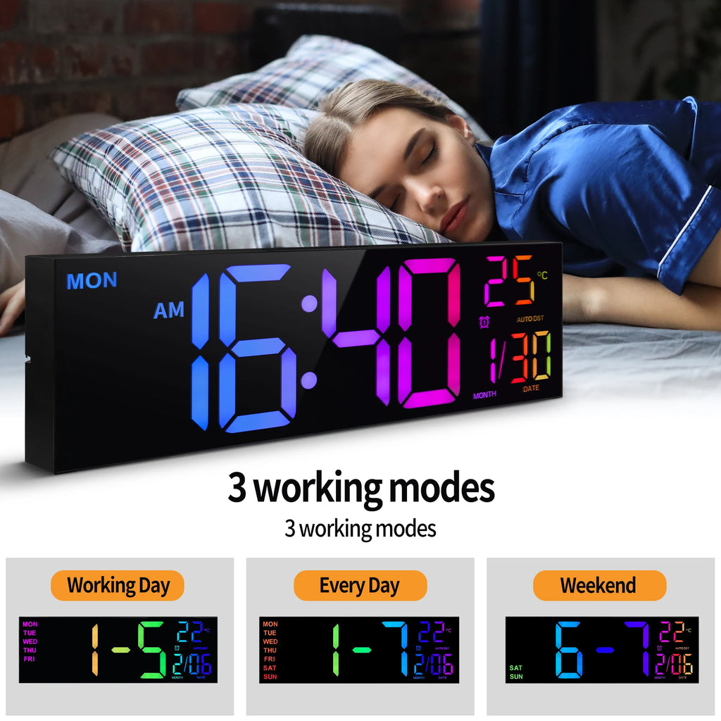 16" Large Digital Wall Clock, LED Display with Remote, Alarm, DST, and Temperature