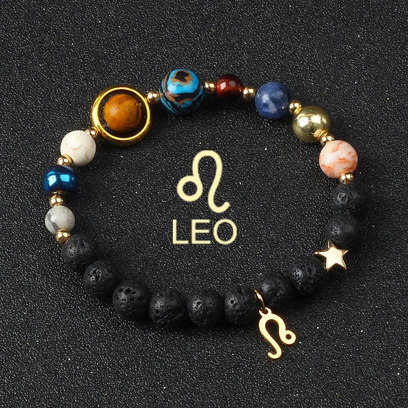 Universe Galaxy Eight Planets 12 Constellation Bracelets for Men and Women Natural Stone Solar System Bracelets Jewelry