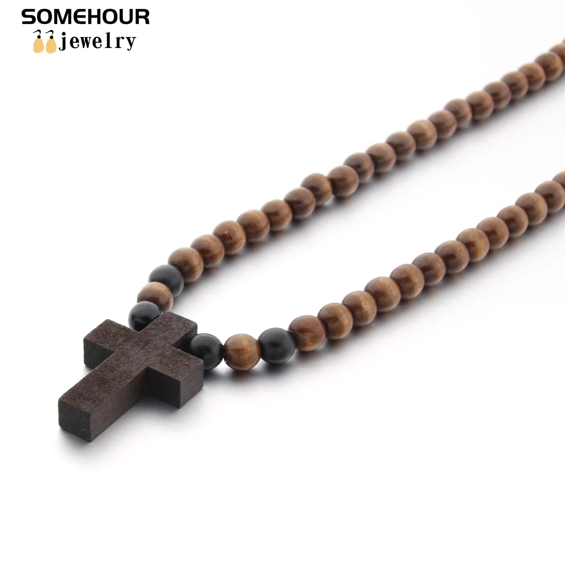Vintage Cross Pendant Necklace and Bracelet 45cm Round Wood Beads- Rosary style