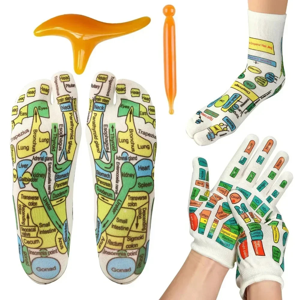 Set of Gloves and Set of Socks with Acupressure Foot Care Massage. Massager- Reflexology Socks for Foot Acupoint to relieve tired feet