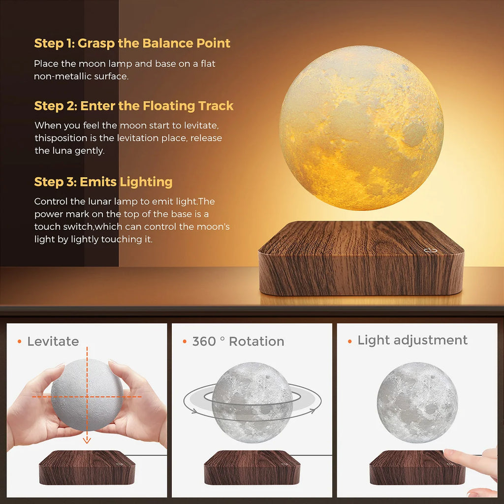 Magnetic Floating Rotating Moon Lamp with Wooden Base, 3 Color Temperature and LED Night Lights