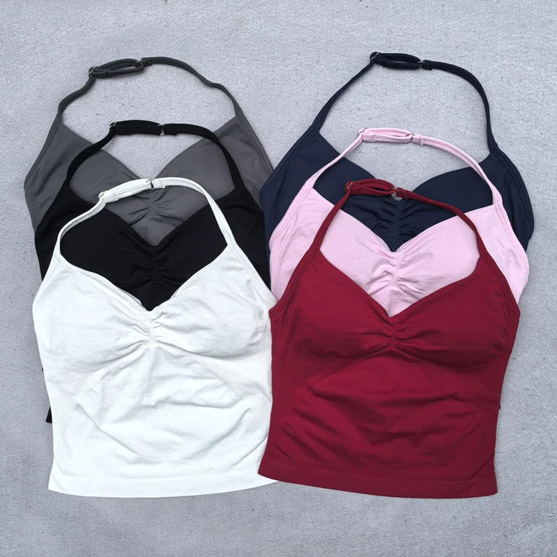 Adjustable Strappy Gym Top- Backless Gym Clothes for Women- Scrunch Bra with Removable Cups Yoga Tank top for Workouts