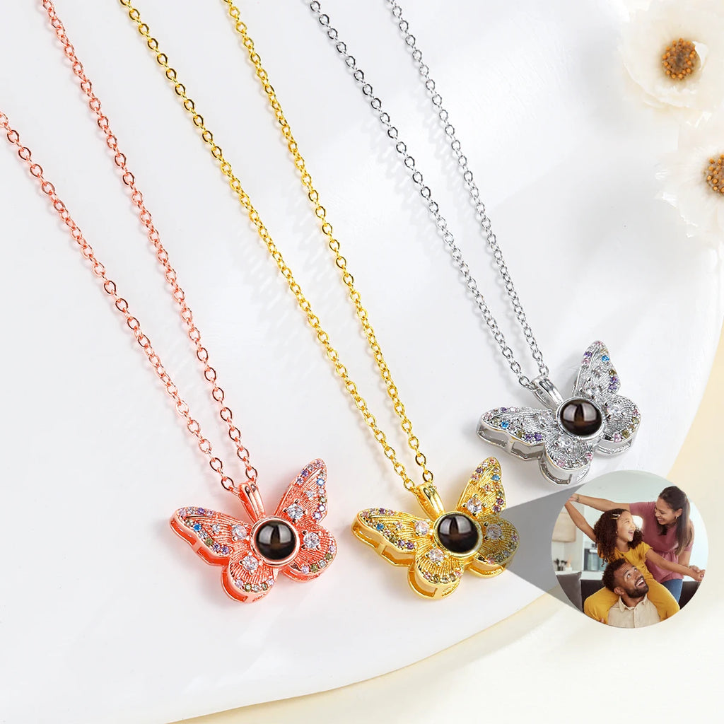 Custom Photo Projection Necklace- Women or Men Zircon Butterfly Pendant Necklace
