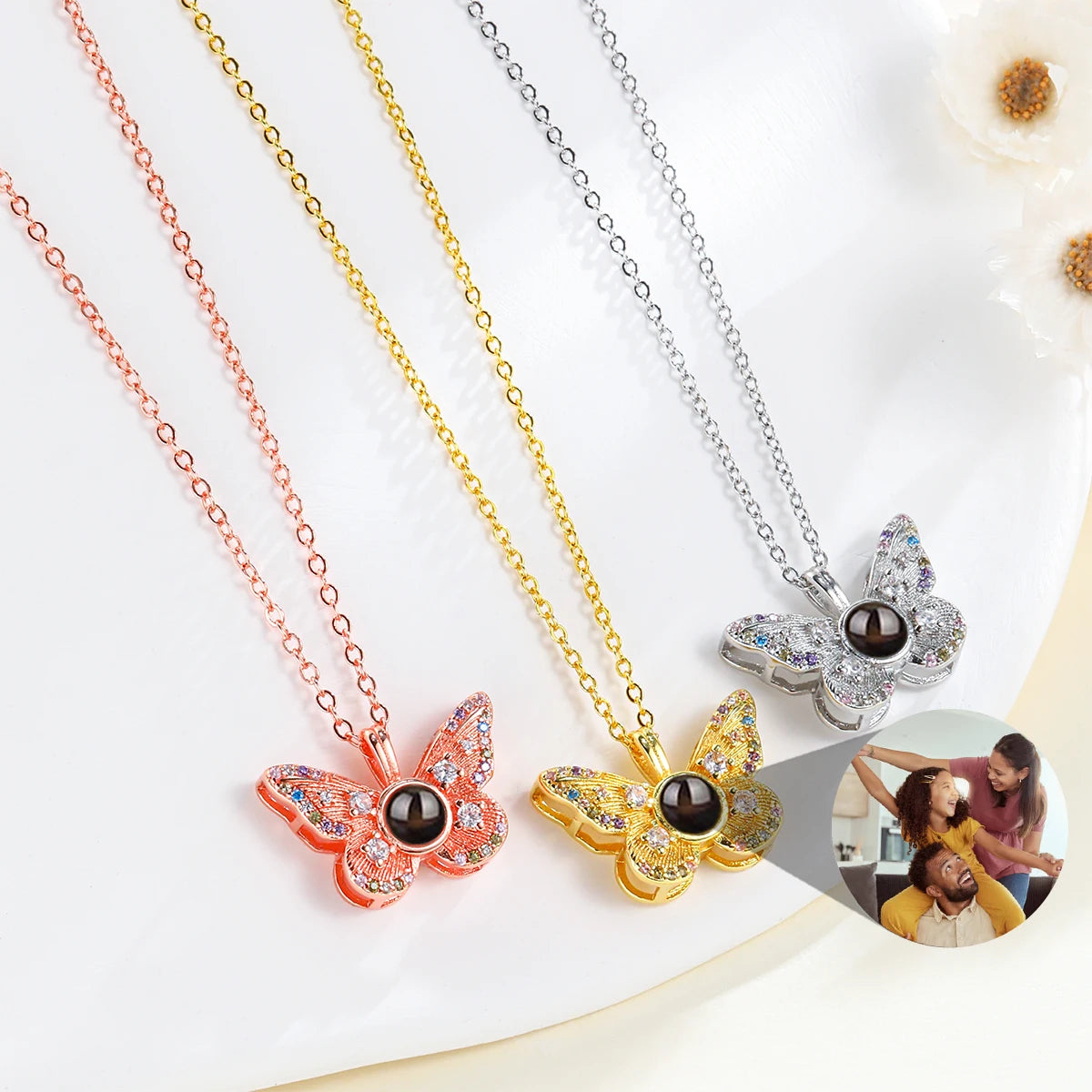 Custom Photo Projection Necklace- Women or Men Zircon Butterfly Pendant Necklace