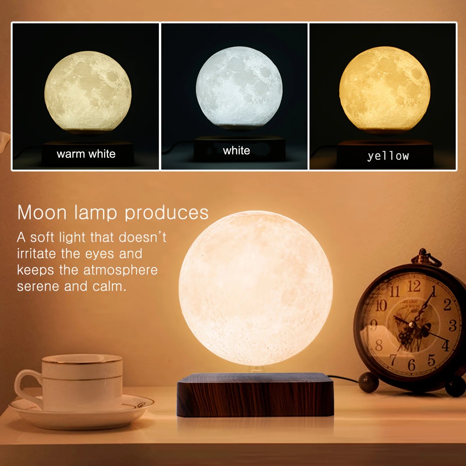 Magnetic Floating Rotating Moon Lamp with Wooden Base, 3 Color Temperature and LED Night Lights