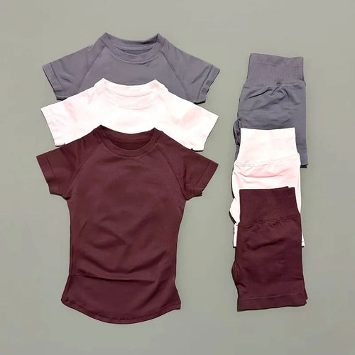 2 Pieces HISTELLO Sports Sets Short Sleeve Seamless Tops and Shorts