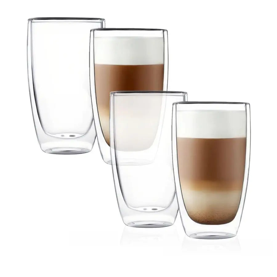 Double Wall Thermos Glass Coffee Cup 13.5 Oz, Clear Insulated for Latte, Cappuccino or Tea, Set of 4
