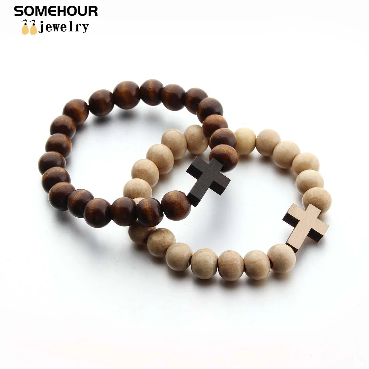 Vintage Cross Pendant Necklace and Bracelet 45cm Round Wood Beads- Rosary style