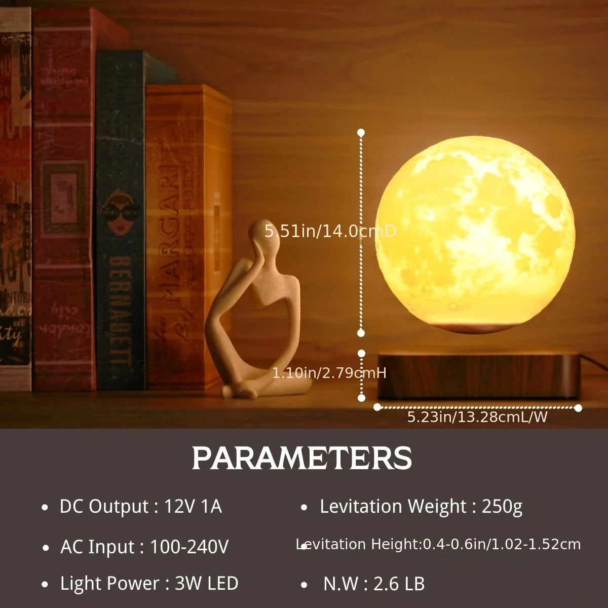 Magnetic Floating Rotating Moon Lamp with Wooden Base, 3 Color Temperature and LED Night Lights