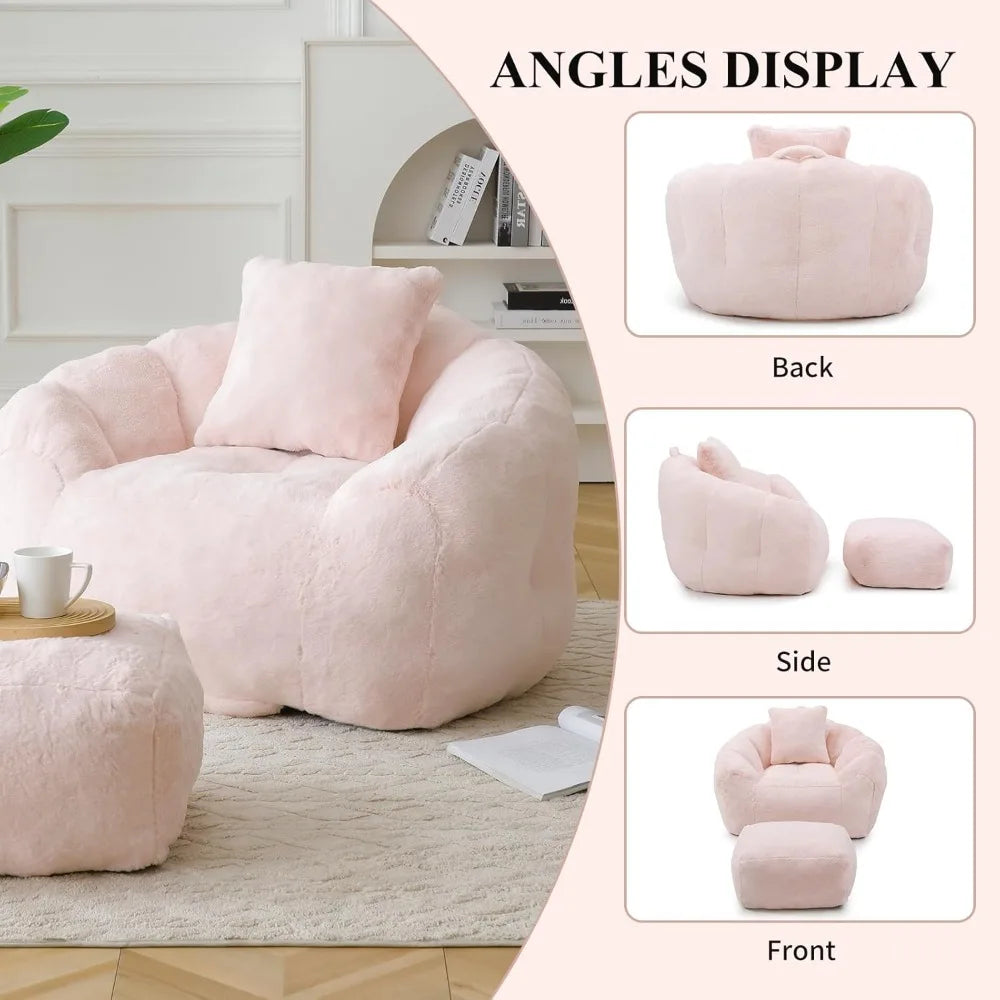 Bean Bag Chair for Adults, Faux Fur Upholstered Beanbag Chair with Shell-Shaped Design, Bean Bag Sofa with Pillow and Footrest