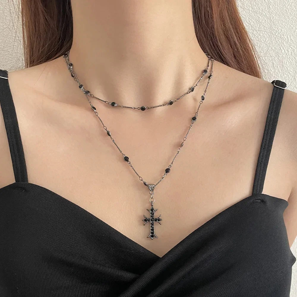 Summer Black Rhinestone Cross Jesus Pendant/Choker Necklace- Vintage Double Layer Chain