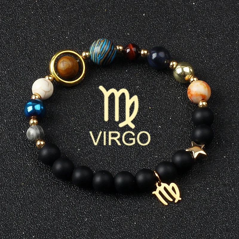 Universe Galaxy Eight Planets 12 Constellation Bracelets for Men and Women Natural Stone Solar System Bracelets Jewelry