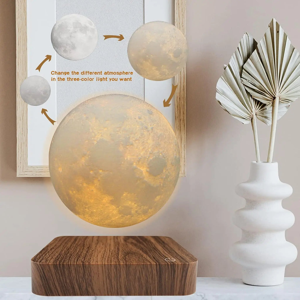 Magnetic Floating Rotating Moon Lamp with Wooden Base, 3 Color Temperature and LED Night Lights