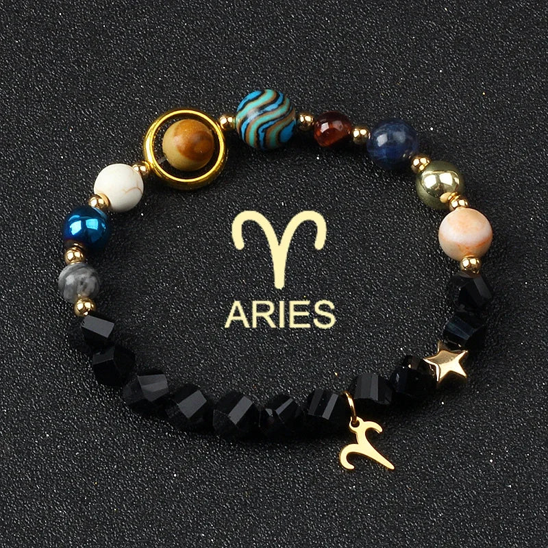 Universe Galaxy Eight Planets 12 Constellation Bracelets for Men and Women Natural Stone Solar System Bracelets Jewelry