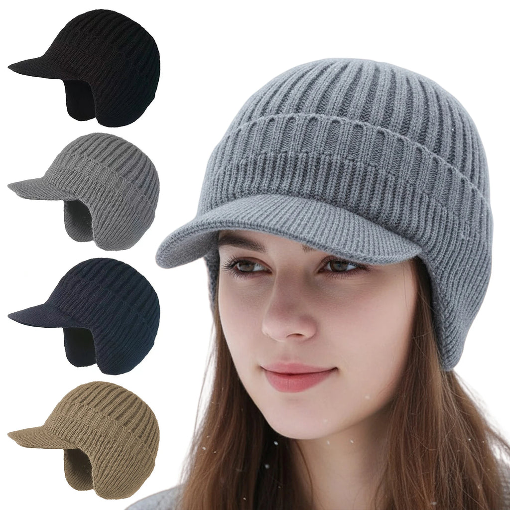 Winter Warm Fleece Lined Knit Hat for Women Men W/ Brim & Ear Flaps/ Elastic- Soft Beanie Hat for Cold Weather