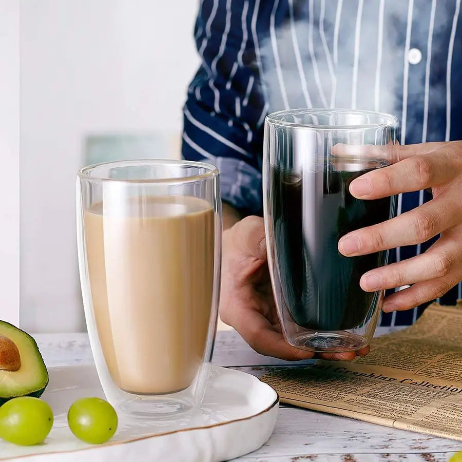Double Wall Thermos Glass Coffee Cup 13.5 Oz, Clear Insulated for Latte, Cappuccino or Tea, Set of 4
