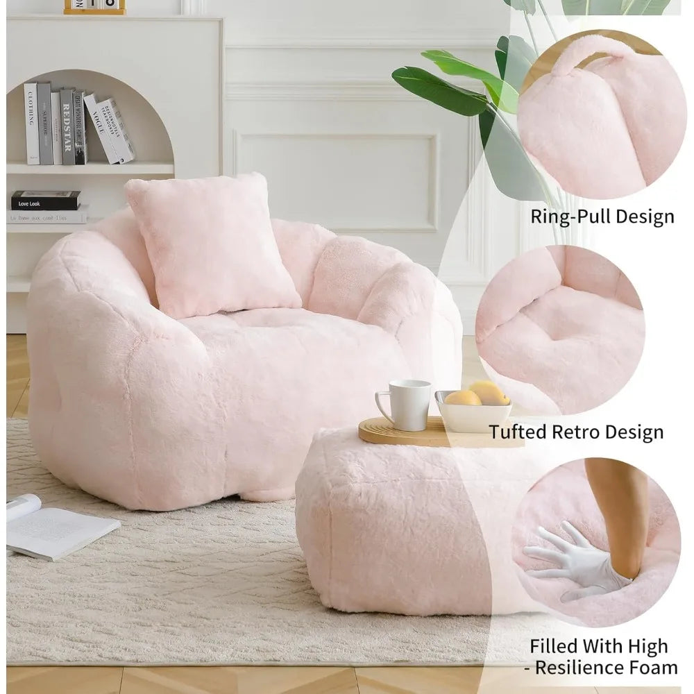 Bean Bag Chair for Adults, Faux Fur Upholstered Beanbag Chair with Shell-Shaped Design, Bean Bag Sofa with Pillow and Footrest