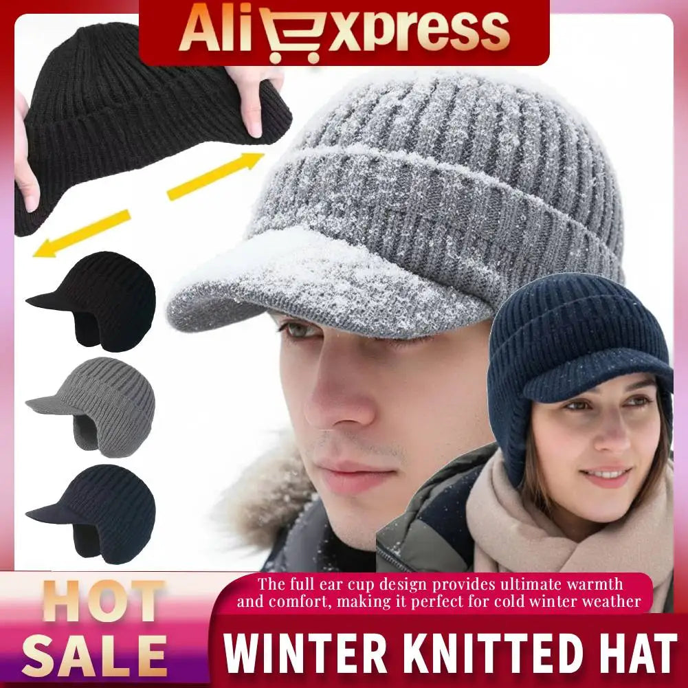 Winter Warm Fleece Lined Knit Hat for Women Men W/ Brim & Ear Flaps/ Elastic- Soft Beanie Hat for Cold Weather