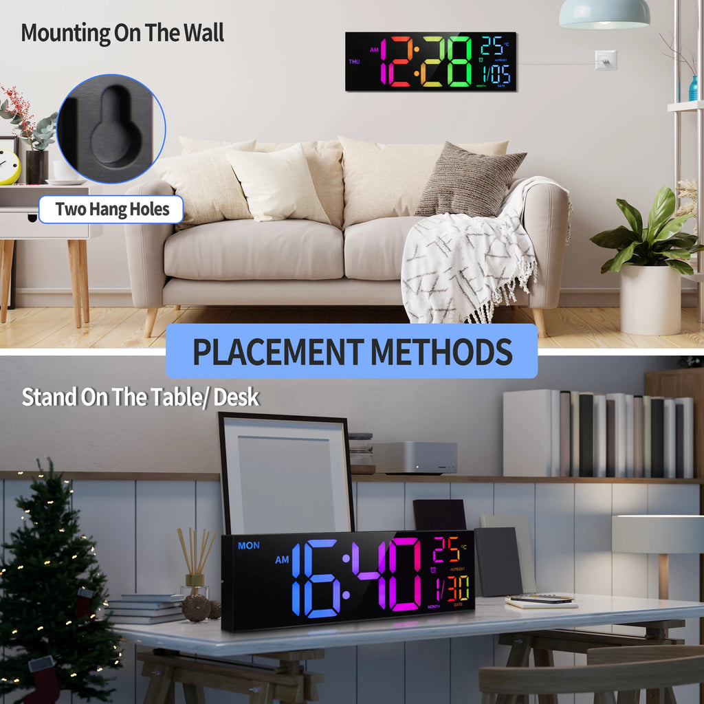 16" Large Digital Wall Clock, LED Display with Remote, Alarm, DST, and Temperature