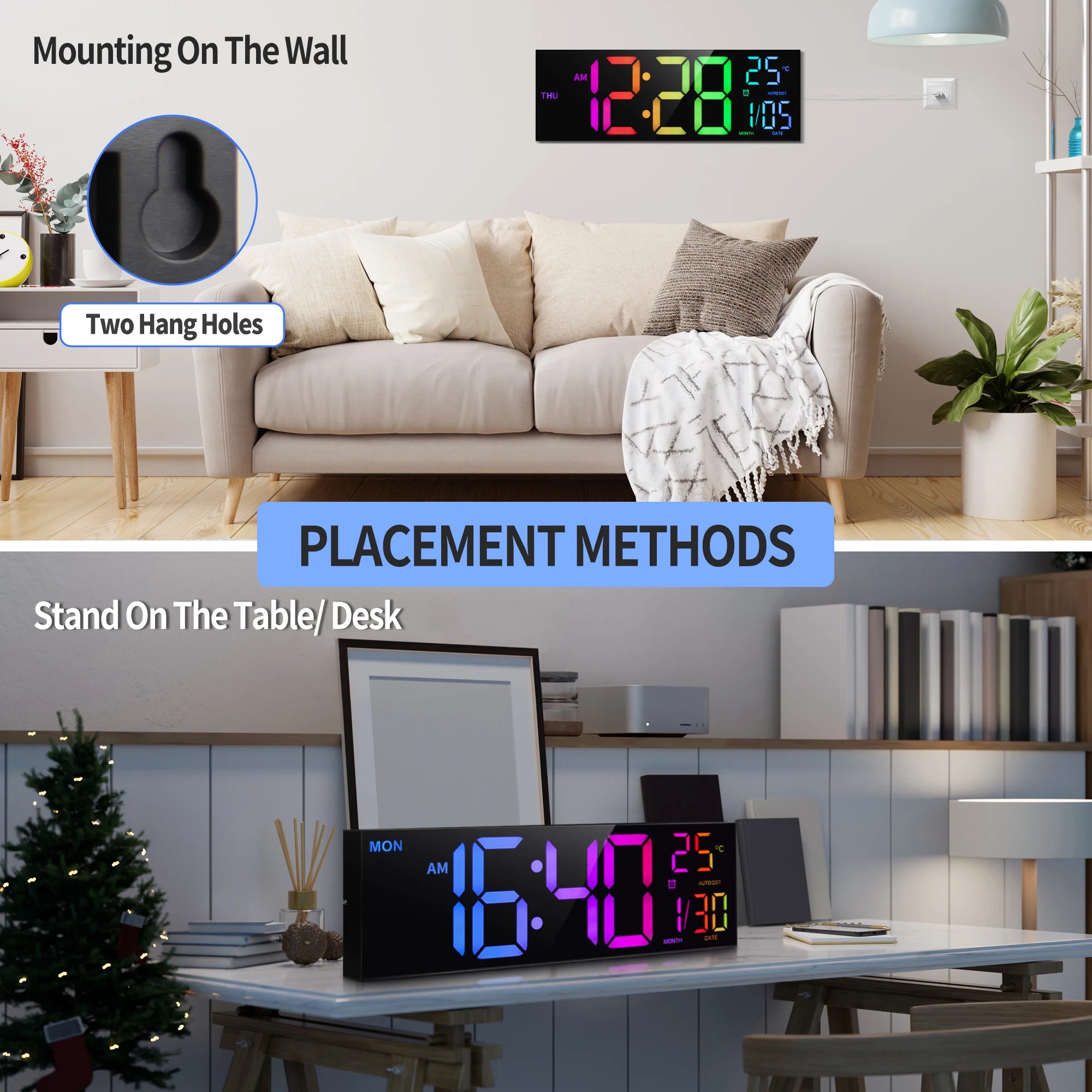 16" Large Digital Wall Clock, LED Display with Remote, Alarm, DST, and Temperature