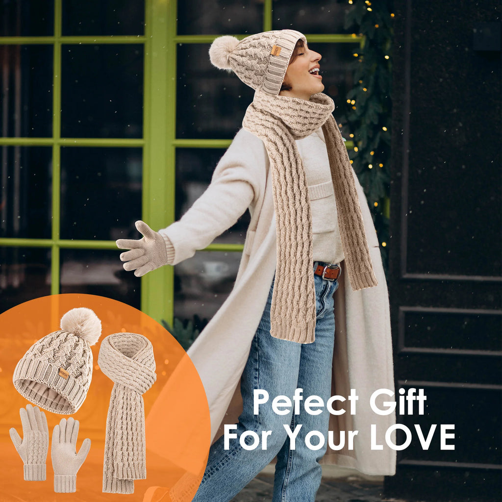 Women's Winter Beanie -Hat /Touchscreen Gloves with Long Neck Scarf / SET