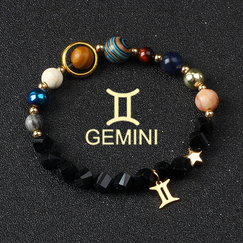 Universe Galaxy Eight Planets 12 Constellation Bracelets for Men and Women Natural Stone Solar System Bracelets Jewelry