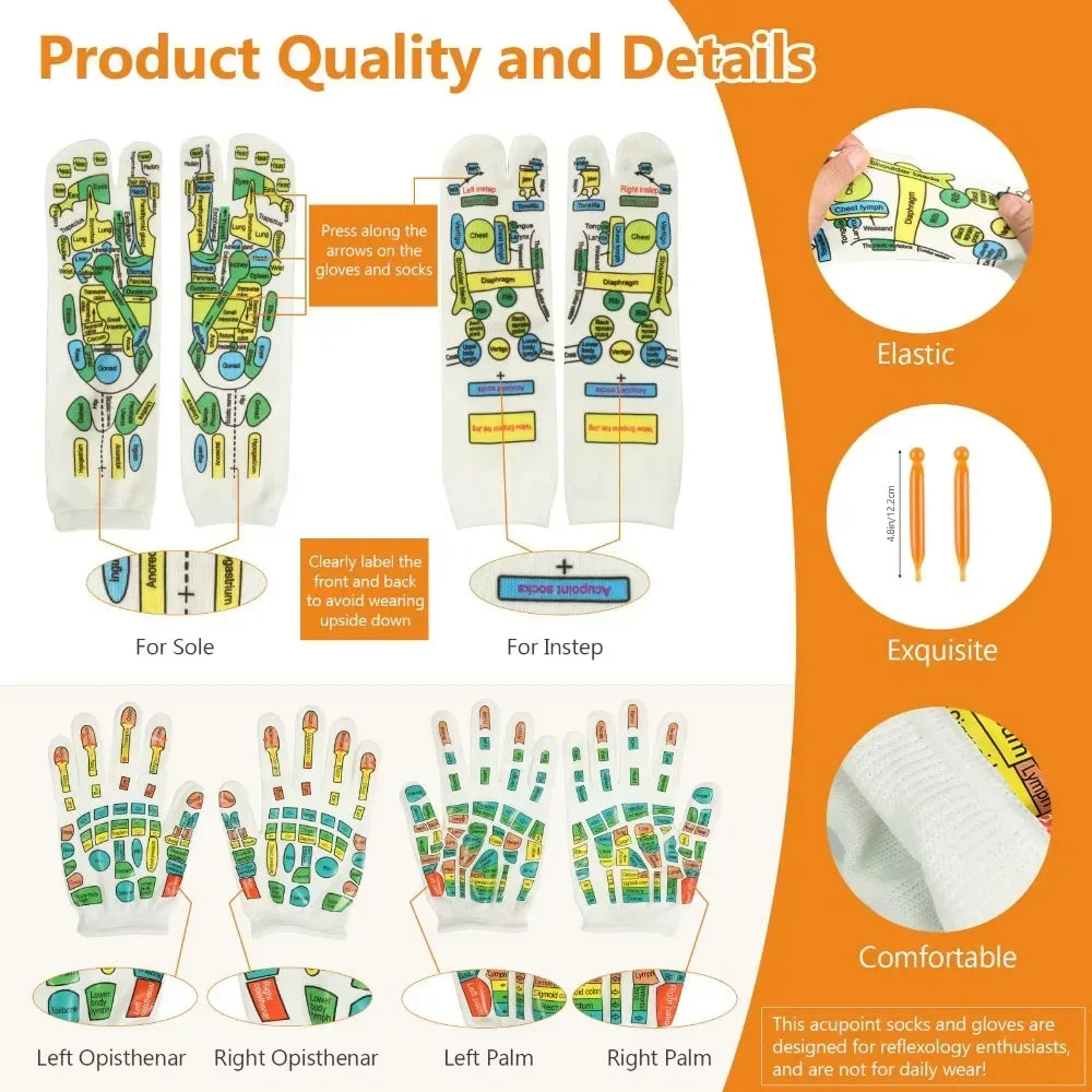 Set of Gloves and Set of Socks with Acupressure Foot Care Massage. Massager- Reflexology Socks for Foot Acupoint to relieve tired feet